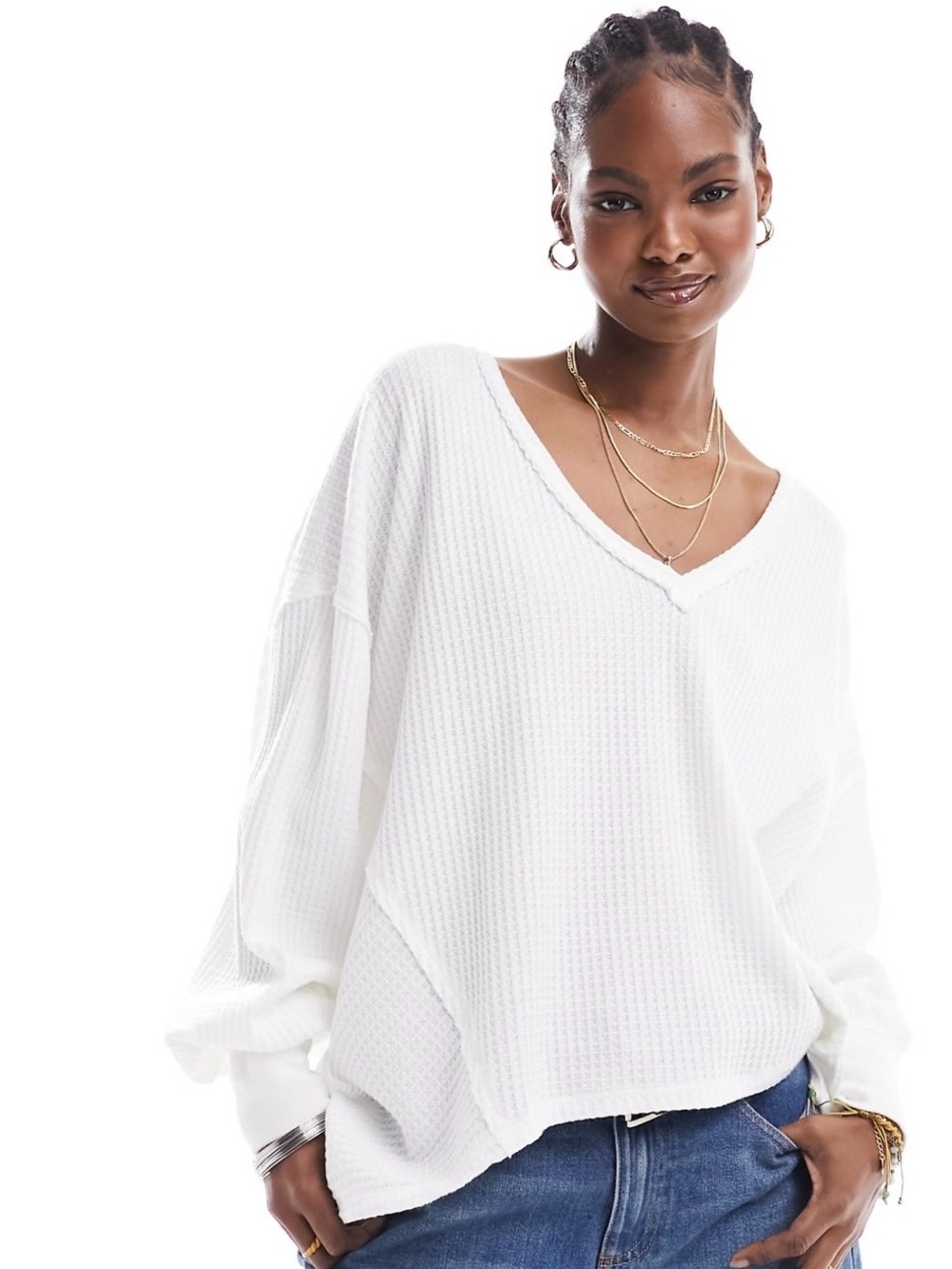 We The Free Small Free People Coraline Thermal Top White Waffle V-Neck Pullover